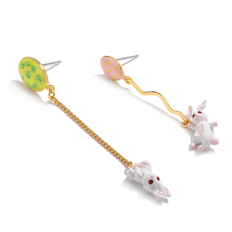 Rabbit Bunny Balloon Asymmetrical Enamel Earrings | Juicy Grape